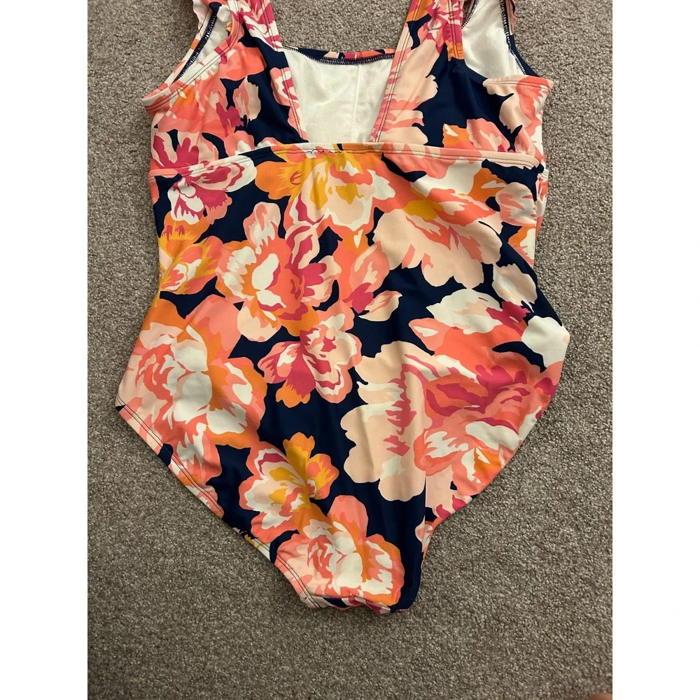 Kona Sol One Piece Swimsuit Women XL 16 Navy Pink Floral Ruffle Ruched Excellent